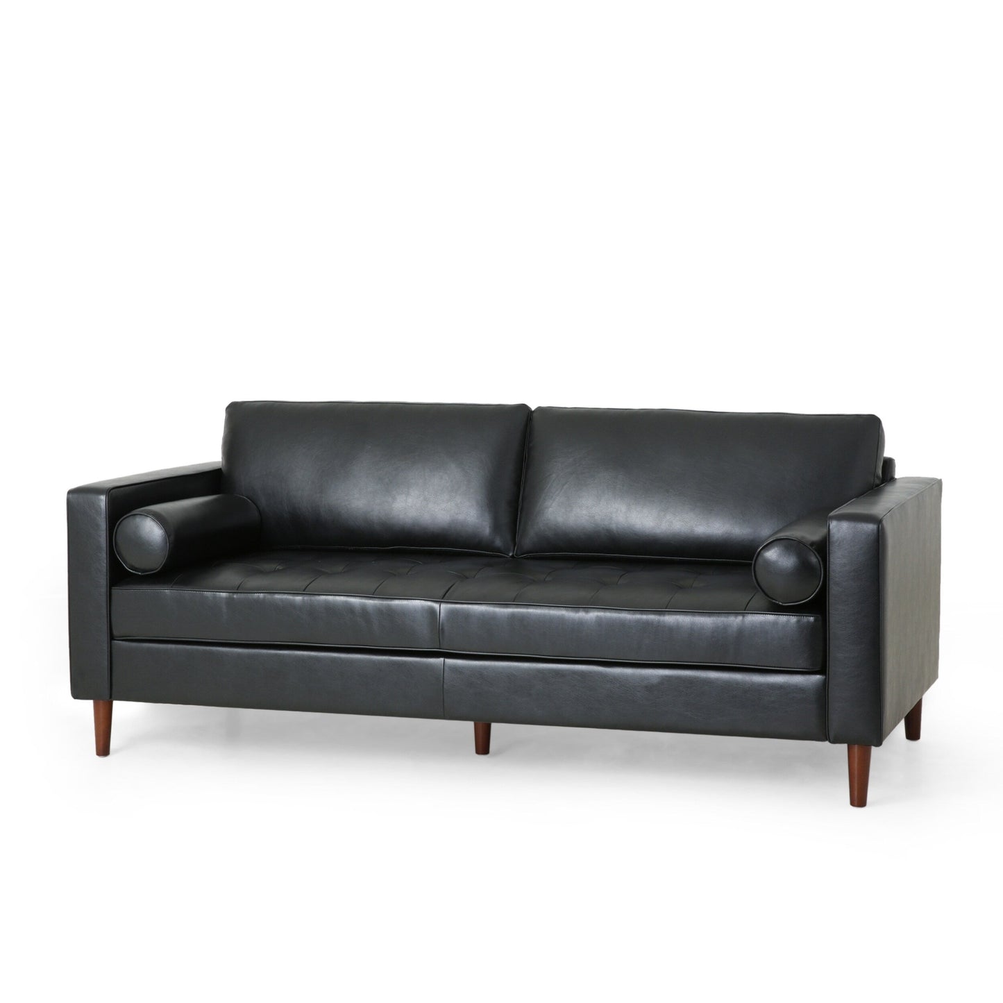 Divano a 3 posti in similpelle nera con gambe in legno