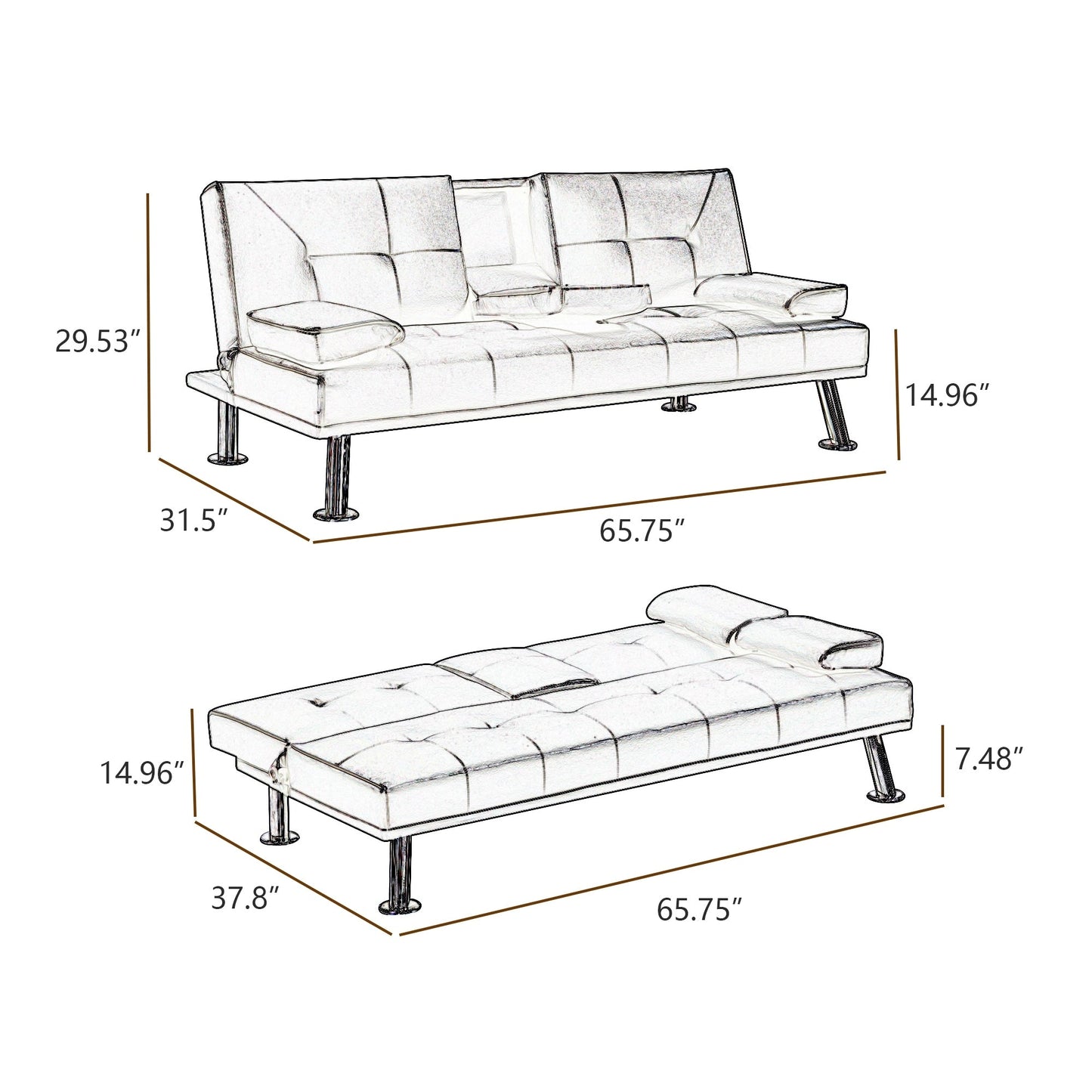 Divano letto a due posti in similpelle nera con portabicchieri, divano letto pieghevole trasformabile. - 31,50 x 65,75 x 29,53