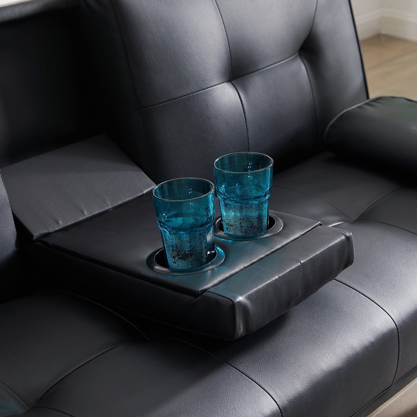 Divano letto a due posti in similpelle nera con portabicchieri, divano letto pieghevole trasformabile. - 31,50 x 65,75 x 29,53