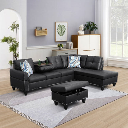 Set di divani in similpelle nera, 3 pezzi