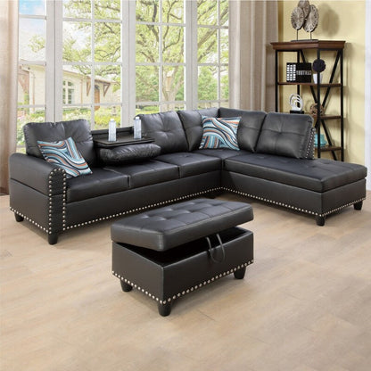 Set di divani in similpelle nera, 3 pezzi