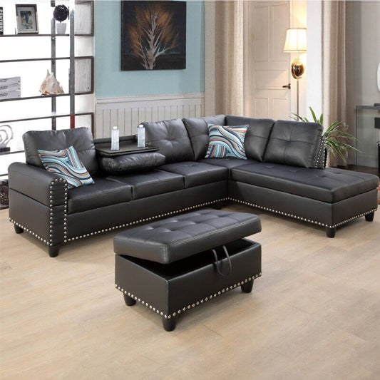 Set di divani in similpelle nera, 3 pezzi