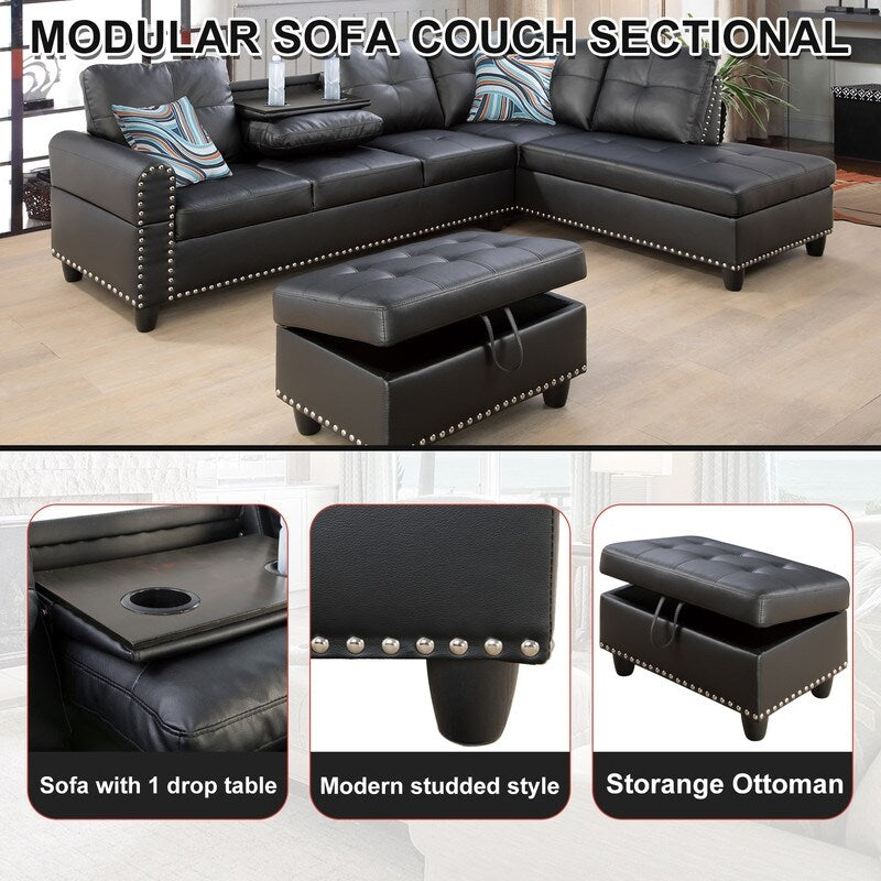 Set di divani in similpelle nera, 3 pezzi