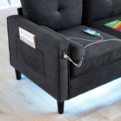 Divano a 3 posti in lino nero con luci a LED e porte USB