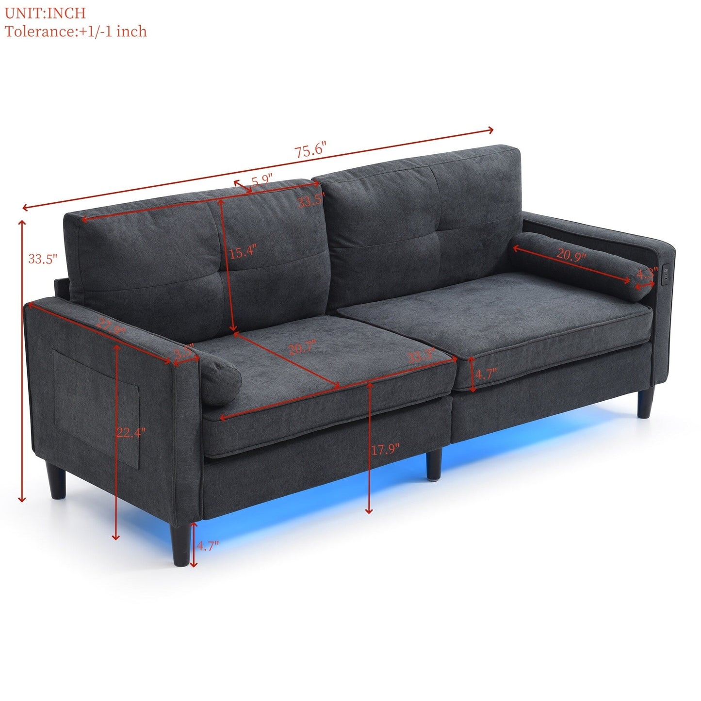 Divano a 3 posti in lino nero con luci a LED e porte USB