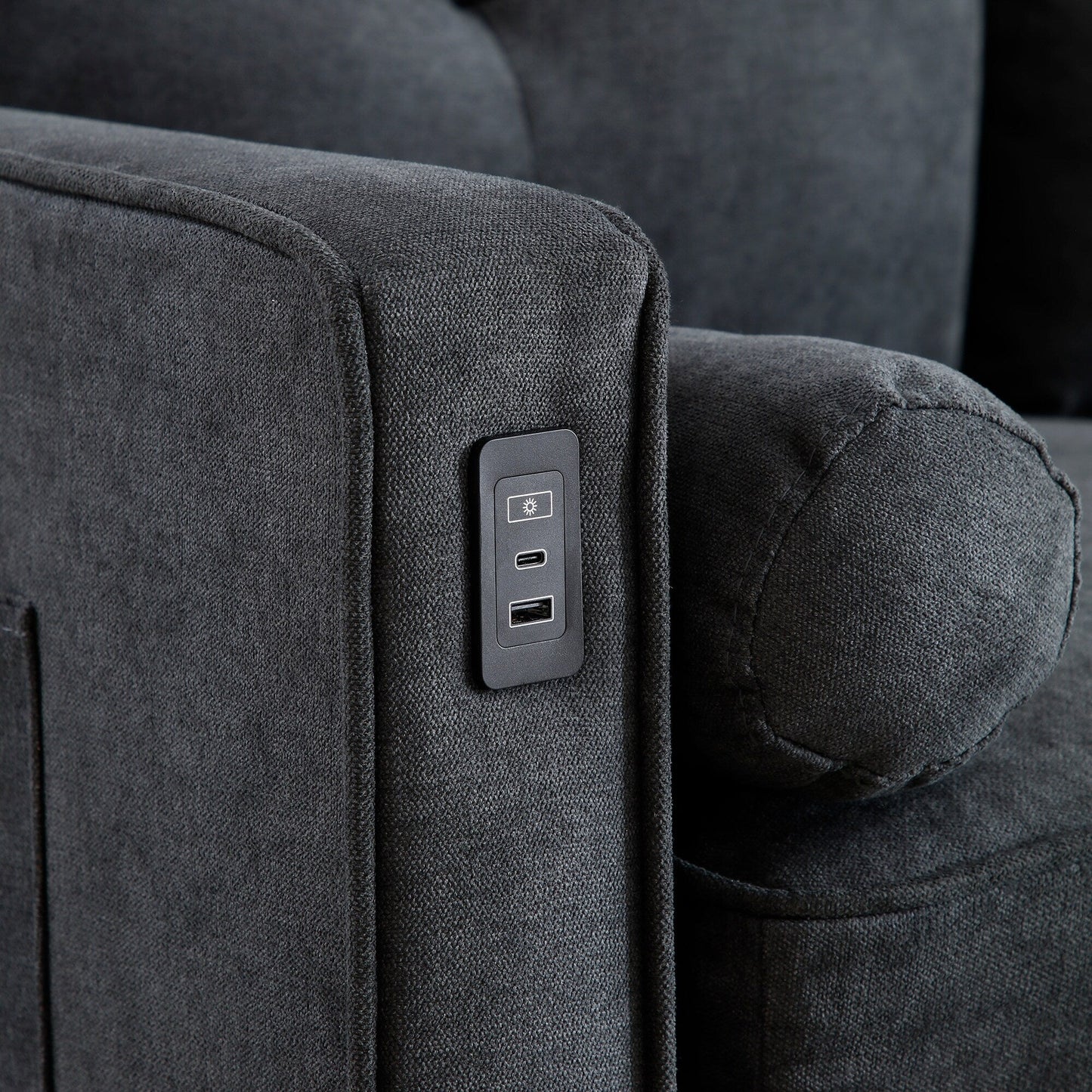 Divano a 3 posti in lino nero con luci a LED e porte USB