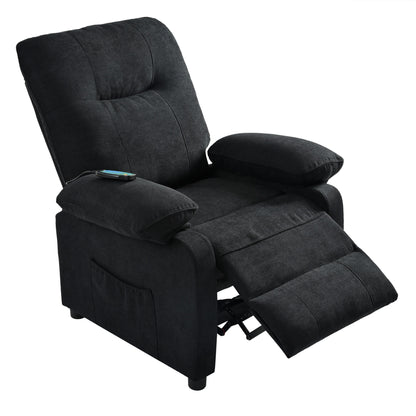 Poltrona reclinabile manuale nera con massaggio e riscaldamento, rivestimento in tessuto robusto, design portatile per il soggiorno