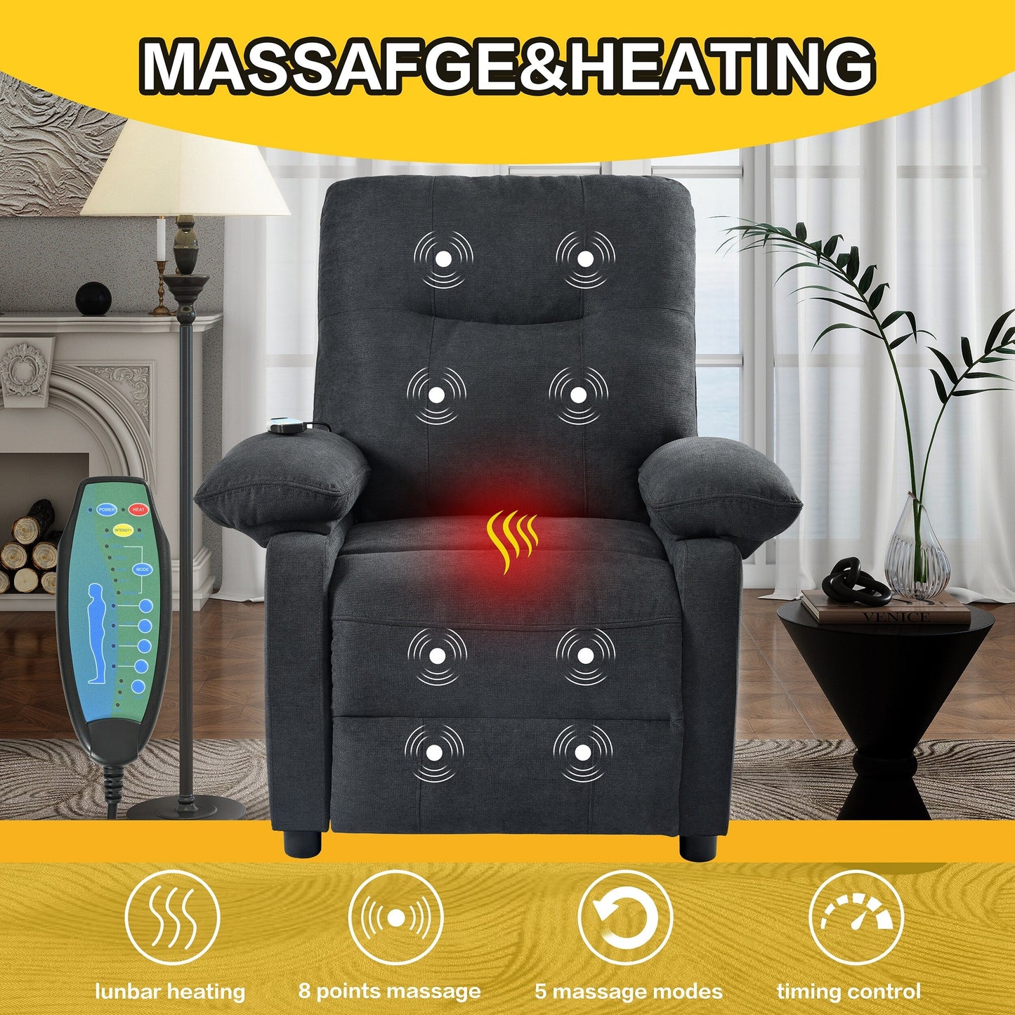 Poltrona reclinabile manuale nera con massaggio e riscaldamento, rivestimento in tessuto robusto, design portatile per il soggiorno