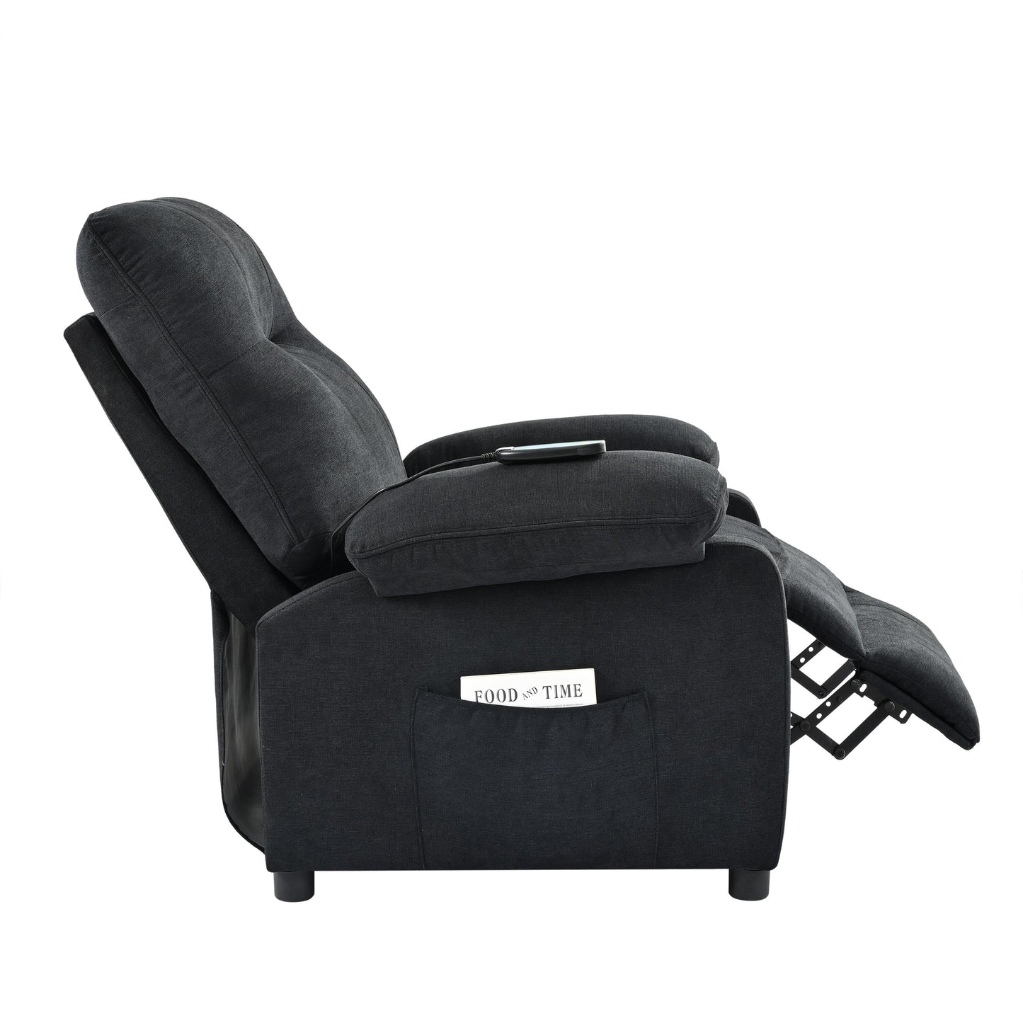 Poltrona reclinabile manuale nera con massaggio e riscaldamento, rivestimento in tessuto robusto, design portatile per il soggiorno
