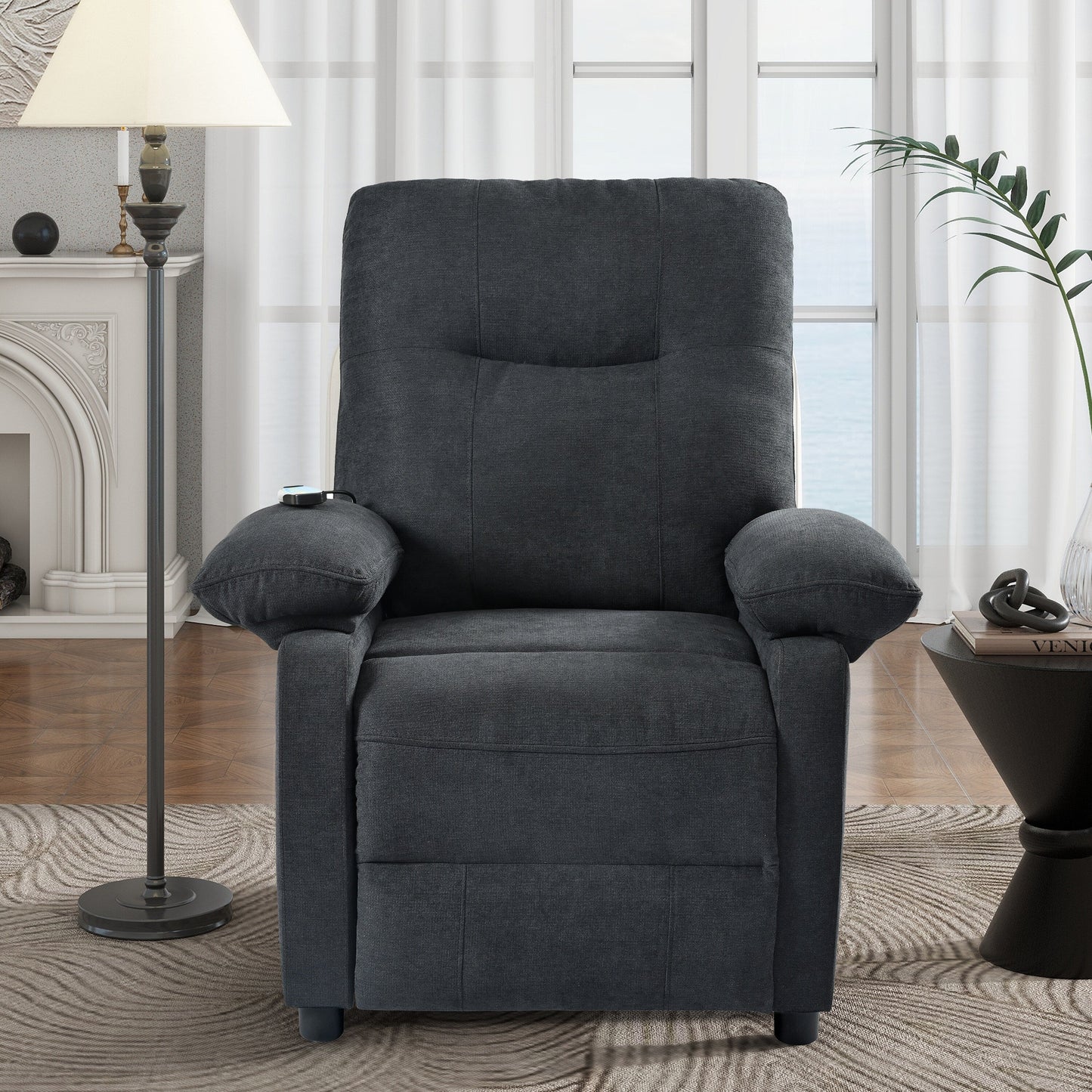 Poltrona reclinabile manuale nera con massaggio e riscaldamento, rivestimento in tessuto robusto, design portatile per il soggiorno