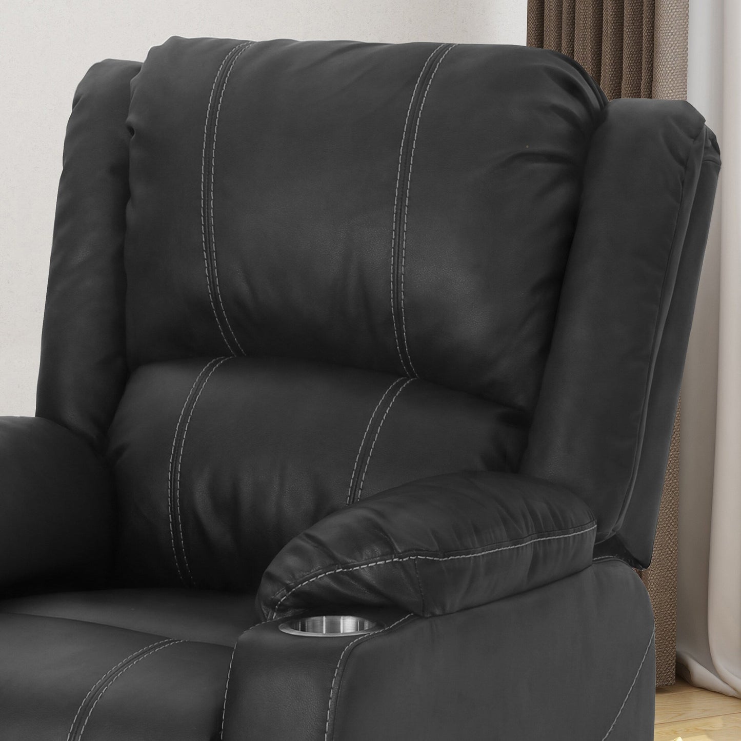 Poltrona reclinabile manuale nera con portabicchieri in acciaio e rivestimento in peluche