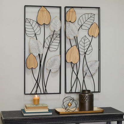 Decorazione da parete in foglia di metallo nero con cornice nera (set da 2)