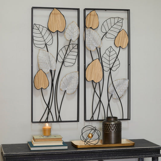 Decorazione da parete in foglia di metallo nero con cornice nera (set da 2)