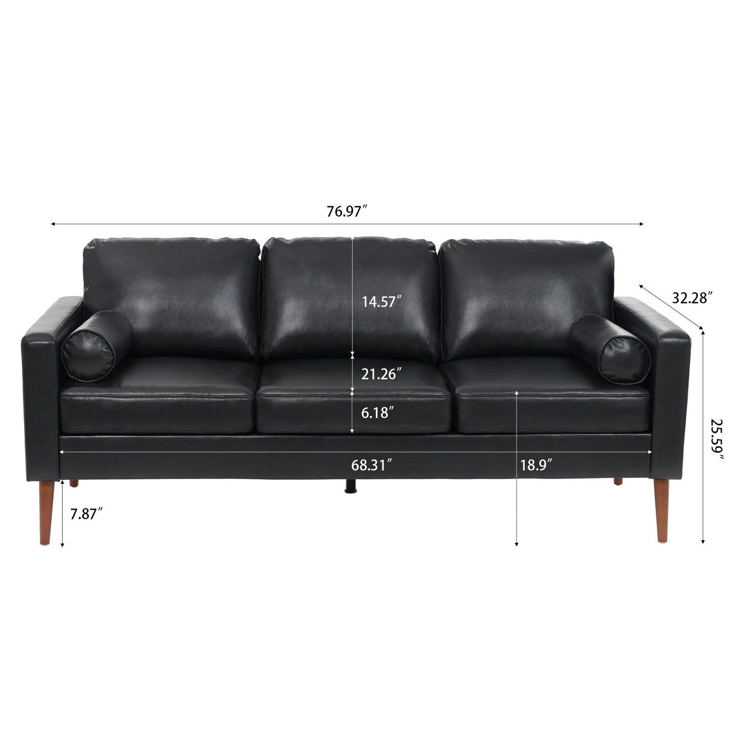 Divano a 3 posti Mid Century Modern 76,7 in PU nero con struttura in ferro e legno per soggiorno