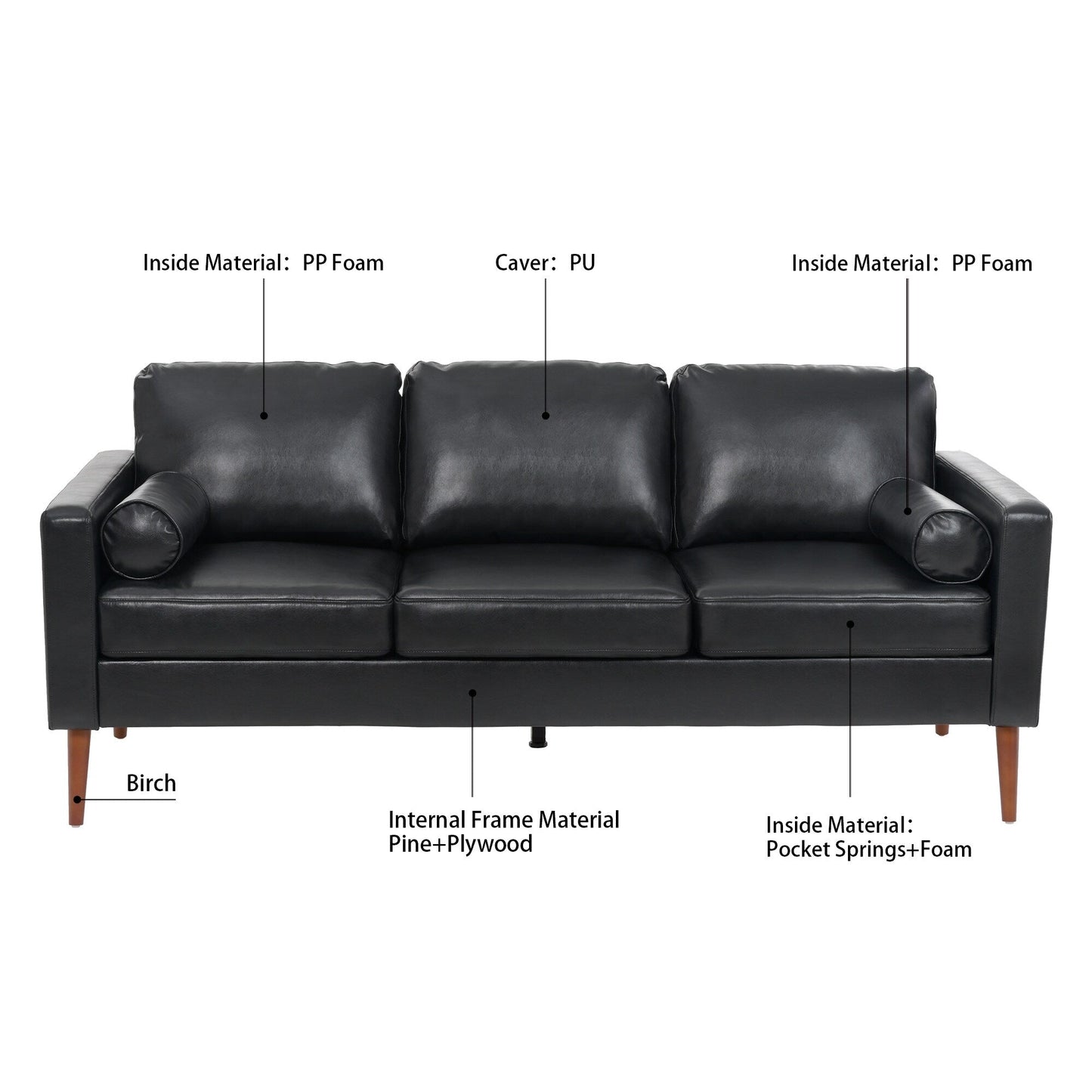 Divano a 3 posti Mid Century Modern 76,7 in PU nero con struttura in ferro e legno per soggiorno