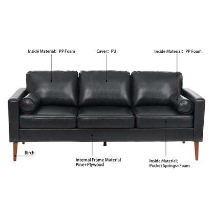Divano a 3 posti Mid Century Modern 76,7 in PU nero con struttura in ferro e legno per soggiorno