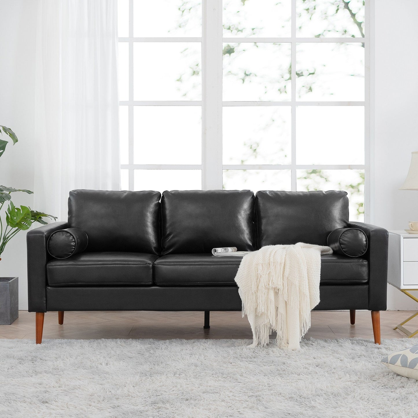 Divano a 3 posti Mid Century Modern 76,7 in PU nero con struttura in ferro e legno per soggiorno