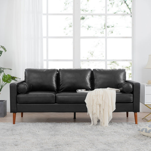 Divano a 3 posti Mid Century Modern 76,7 in PU nero con struttura in ferro e legno per soggiorno