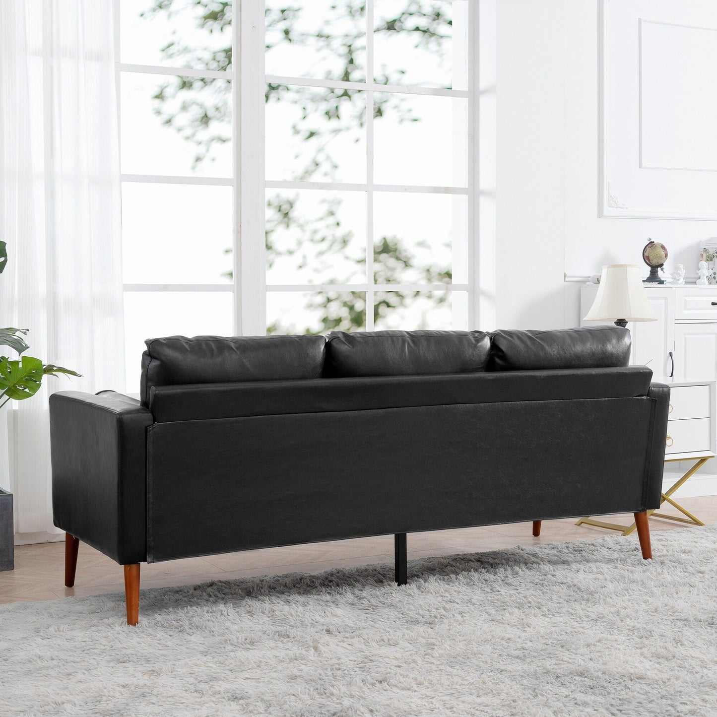 Divano a 3 posti Mid Century Modern 76,7 in PU nero con struttura in ferro e legno per soggiorno