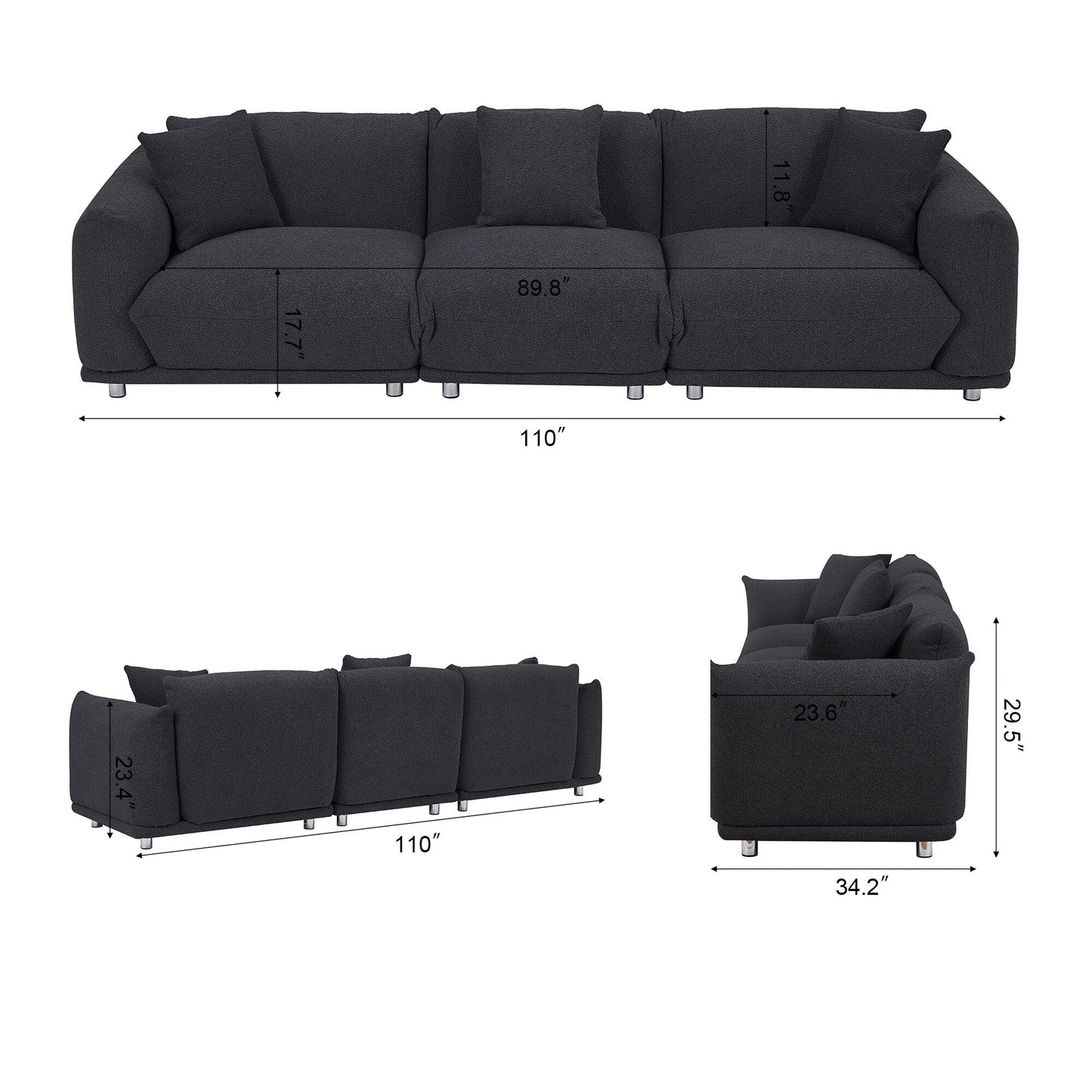 Divano oversize a 3 posti modello 111 moderno nero con gambe in metallo e struttura in legno massello per soggiorno