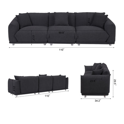 Divano oversize a 3 posti modello 111 moderno nero con gambe in metallo e struttura in legno massello per soggiorno