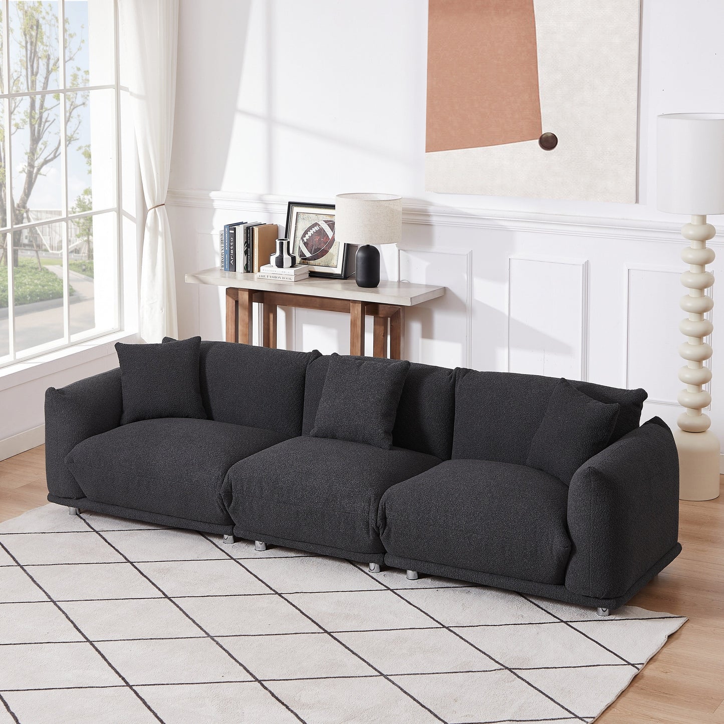 Divano oversize a 3 posti modello 111 moderno nero con gambe in metallo e struttura in legno massello per soggiorno