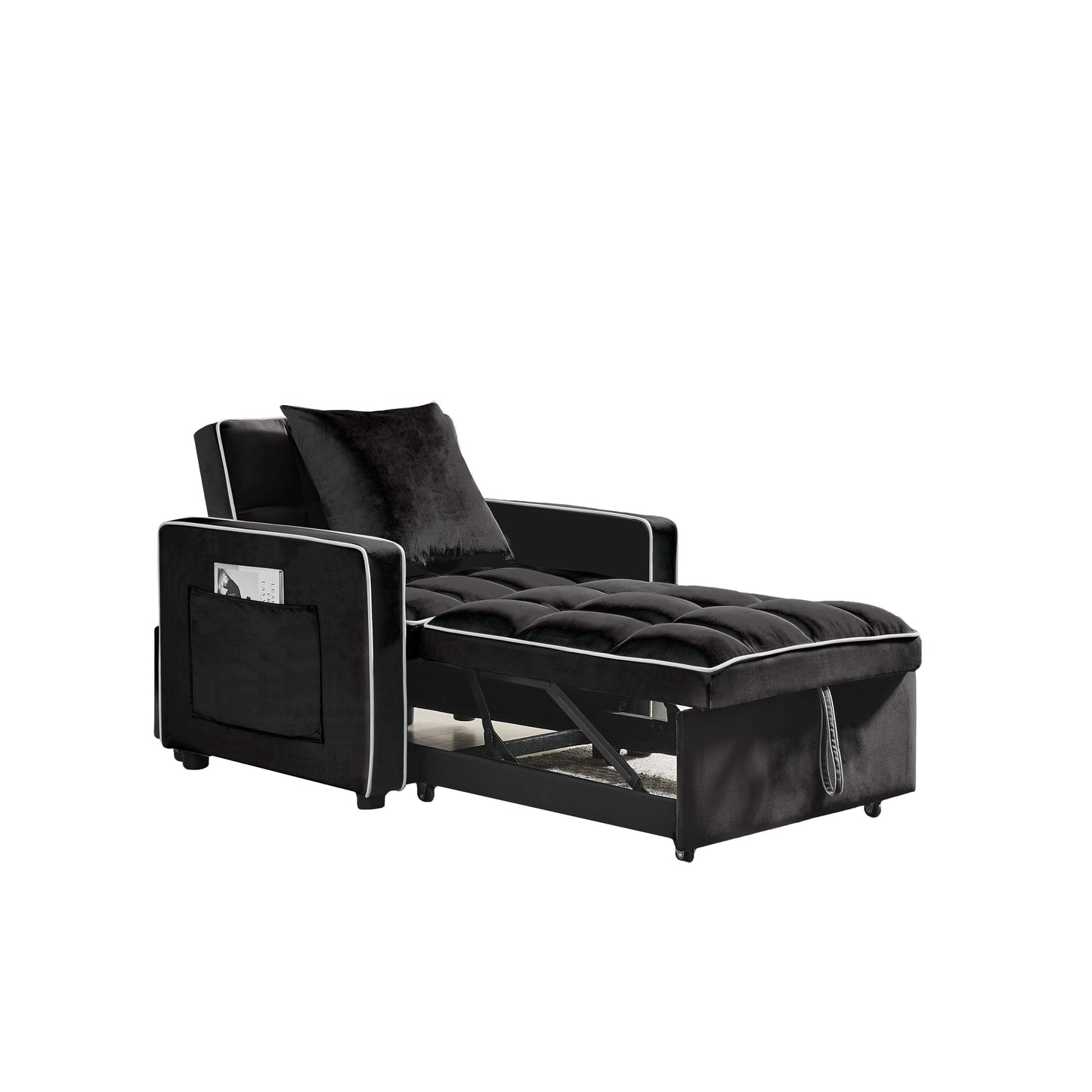 Divano letto singolo 3 in 1 in velluto moderno nero da 35,43 cm con schienale regolabile e tasca per soggiorno