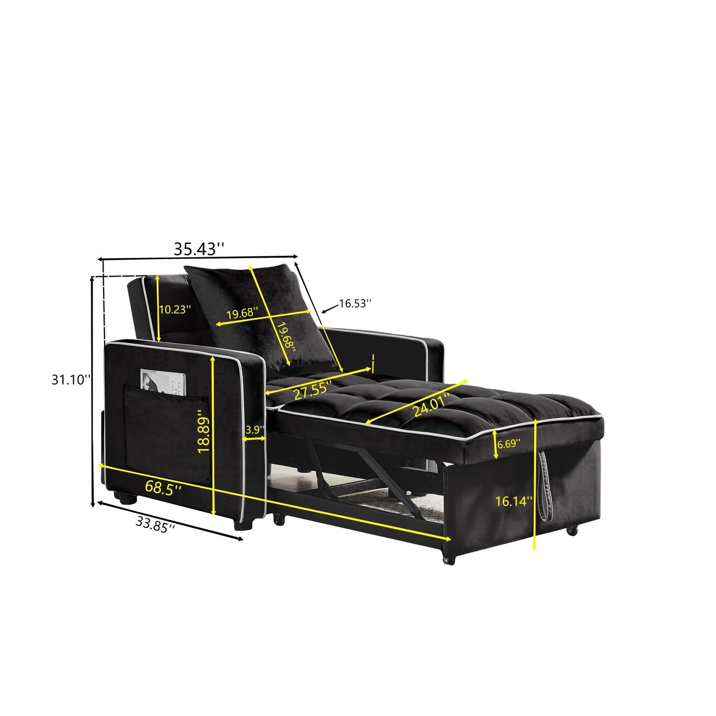 Divano letto singolo 3 in 1 in velluto moderno nero da 35,43 cm con schienale regolabile e tasca per soggiorno