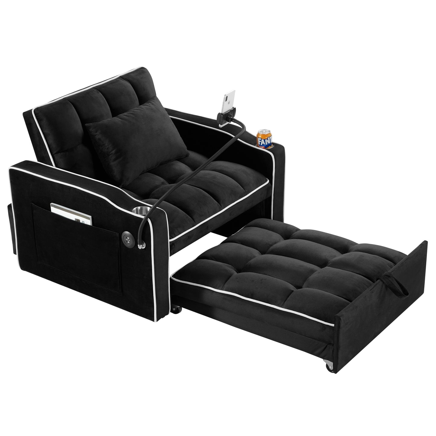 Divano letto singolo convertibile in velluto 3 in 1 moderno nero da 35,83 cm con schienale regolabile e porta di ricarica USB per soggiorno