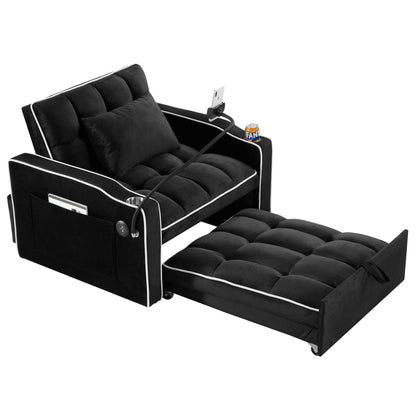 Divano letto singolo convertibile in velluto 3 in 1 moderno nero da 35,83 cm con schienale regolabile e porta di ricarica USB per soggiorno