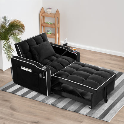 Divano letto singolo convertibile in velluto 3 in 1 moderno nero da 35,83 cm con schienale regolabile e porta di ricarica USB per soggiorno