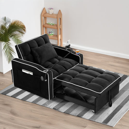 Divano letto singolo convertibile in velluto 3 in 1 moderno nero da 35,83 cm con schienale regolabile e porta di ricarica USB per soggiorno