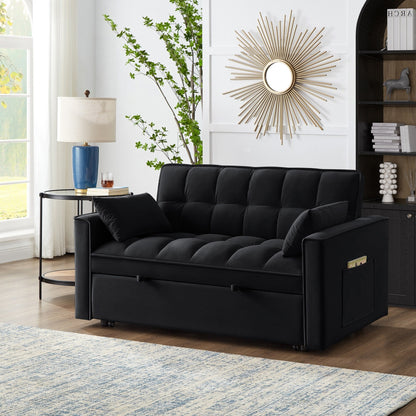 Divano letto moderno nero 52,5 in velluto 4 in 1, multifunzionale, imbottito, con schienale regolabile e cuscini