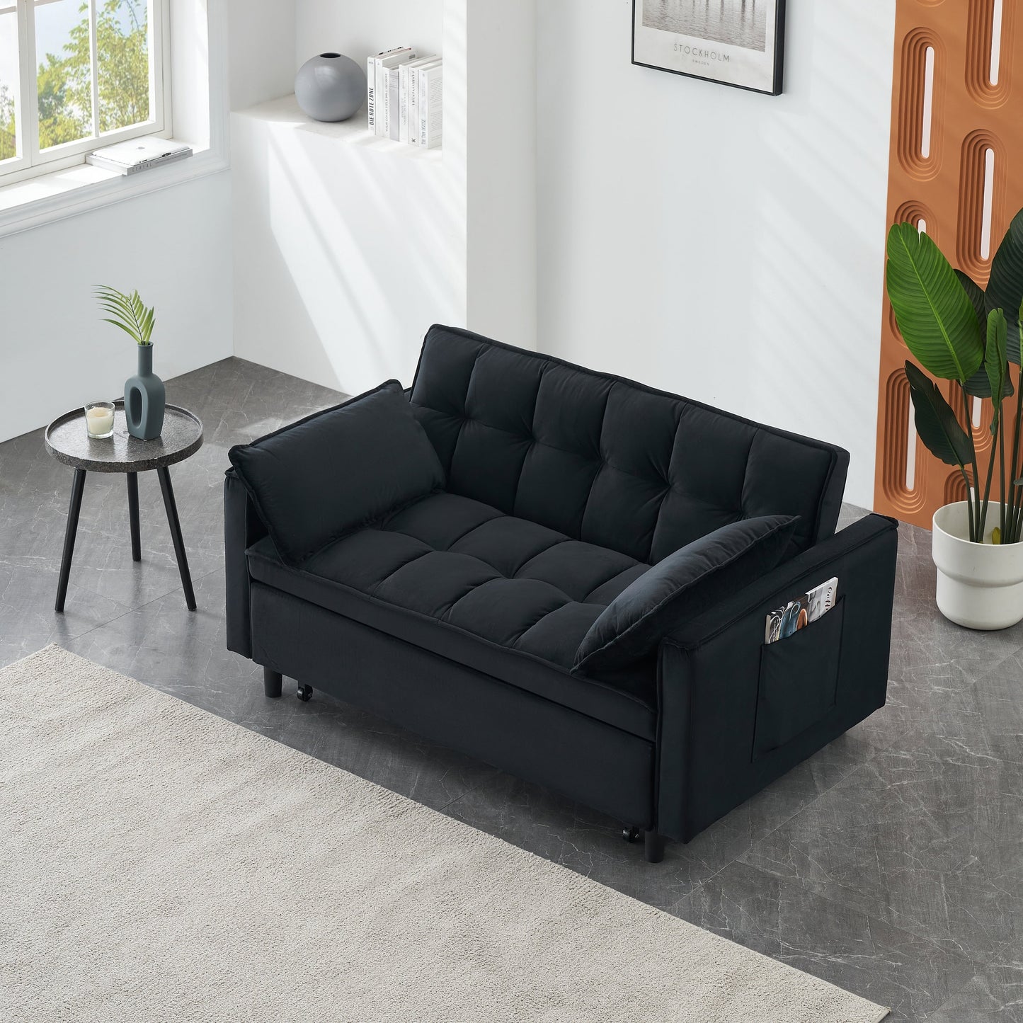 Divano letto trasformabile in velluto 3 in 1 moderno nero da 55 pollici con schienale e cuscini per soggiorno