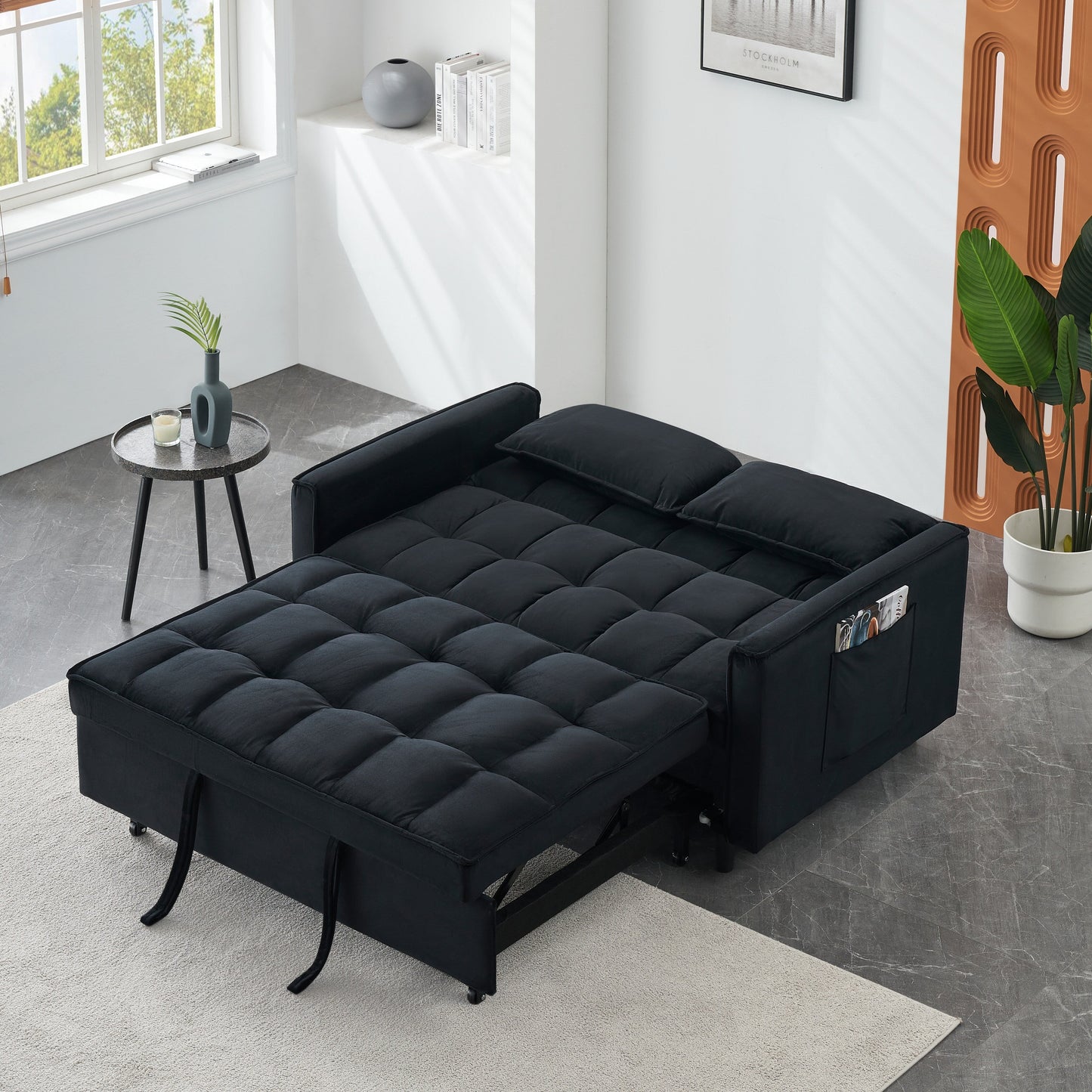 Divano letto trasformabile in velluto 3 in 1 moderno nero da 55 pollici con schienale e cuscini per soggiorno