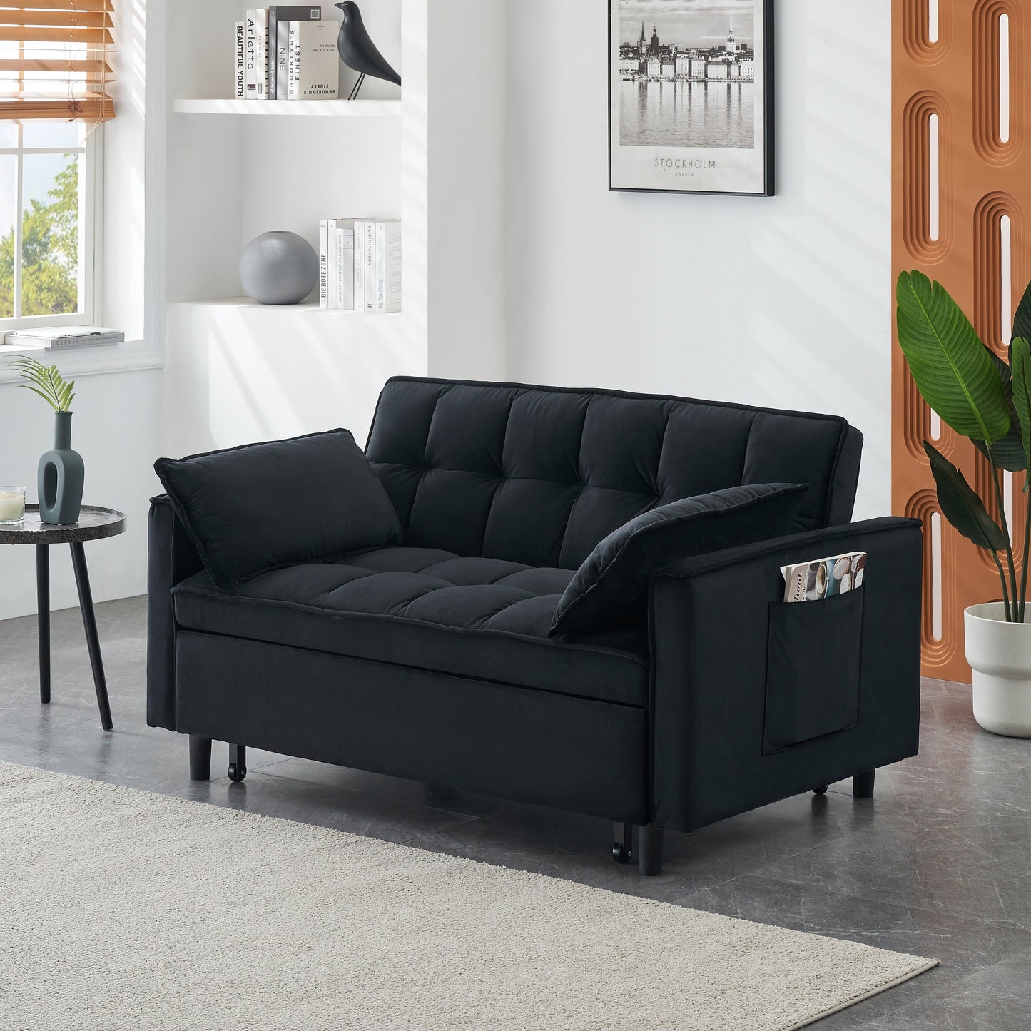 Divano letto trasformabile in velluto 3 in 1 moderno nero da 55 pollici con schienale e cuscini per soggiorno