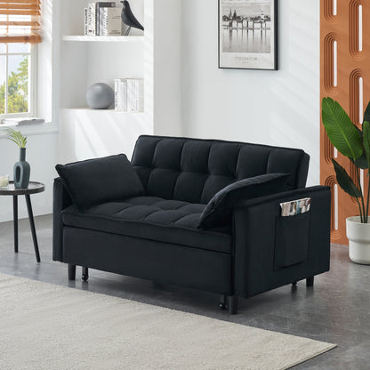 Divano letto trasformabile in velluto 3 in 1 moderno nero da 55 pollici con schienale e cuscini per soggiorno