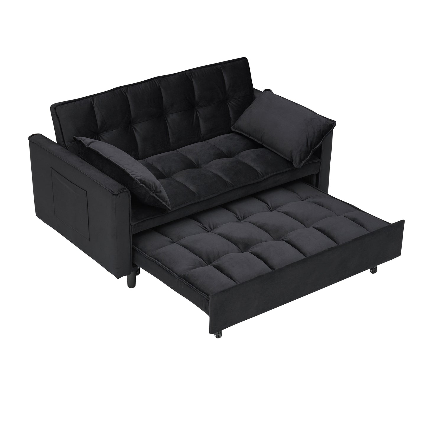 Divano letto trasformabile in velluto 3 in 1 moderno nero da 55 pollici con schienale e cuscini per soggiorno