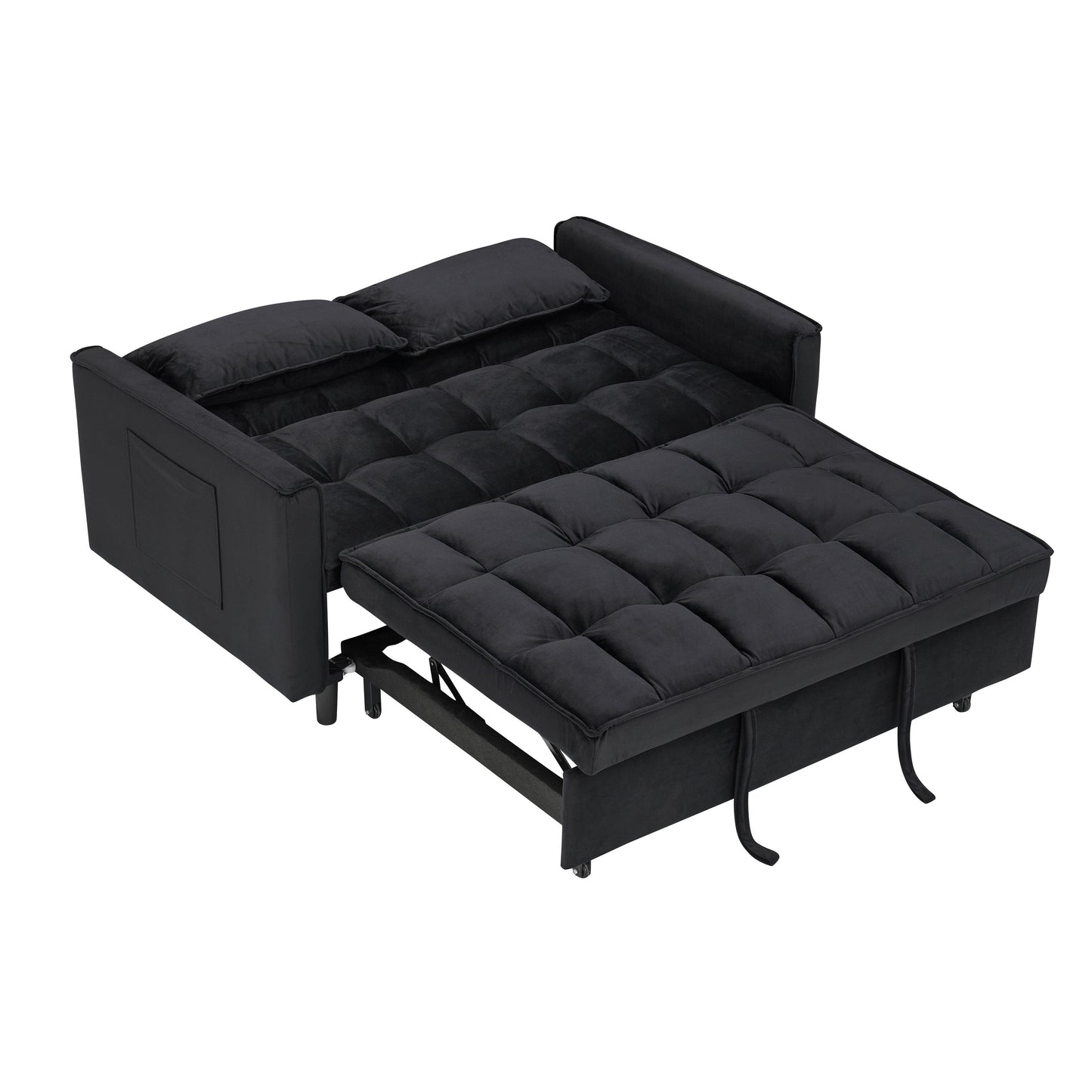 Divano letto trasformabile in velluto 3 in 1 moderno nero da 55 pollici con schienale e cuscini per soggiorno