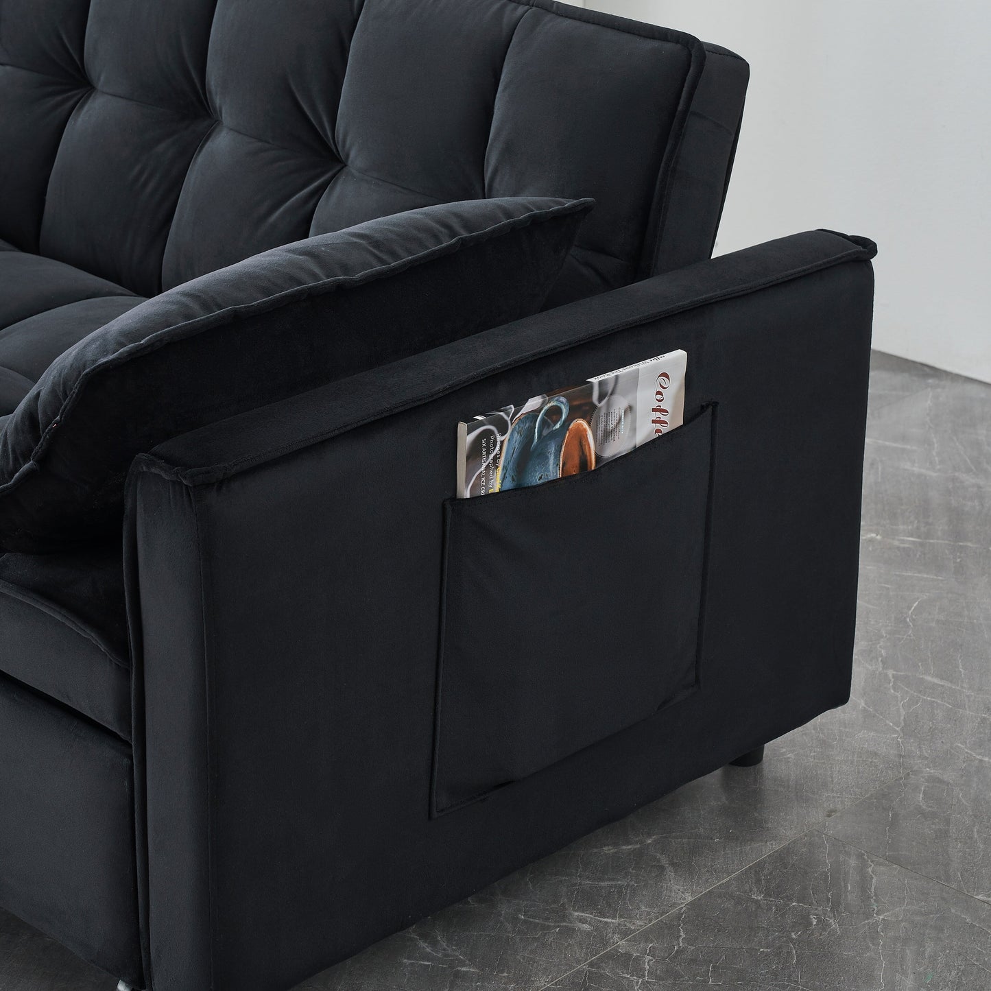 Divano letto trasformabile in velluto 3 in 1 moderno nero da 55 pollici con schienale e cuscini per soggiorno