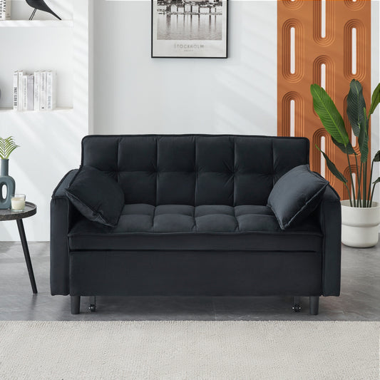 Divano letto trasformabile in velluto 3 in 1 moderno nero da 55 pollici con schienale e cuscini per soggiorno