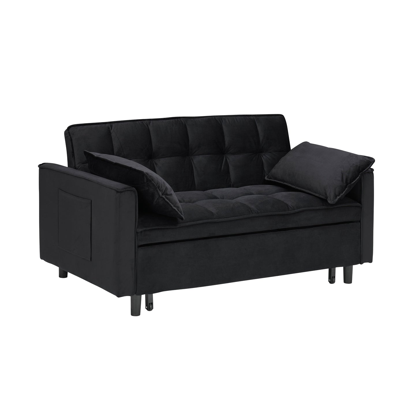 Divano letto trasformabile in velluto 3 in 1 moderno nero da 55 pollici con schienale e cuscini per soggiorno
