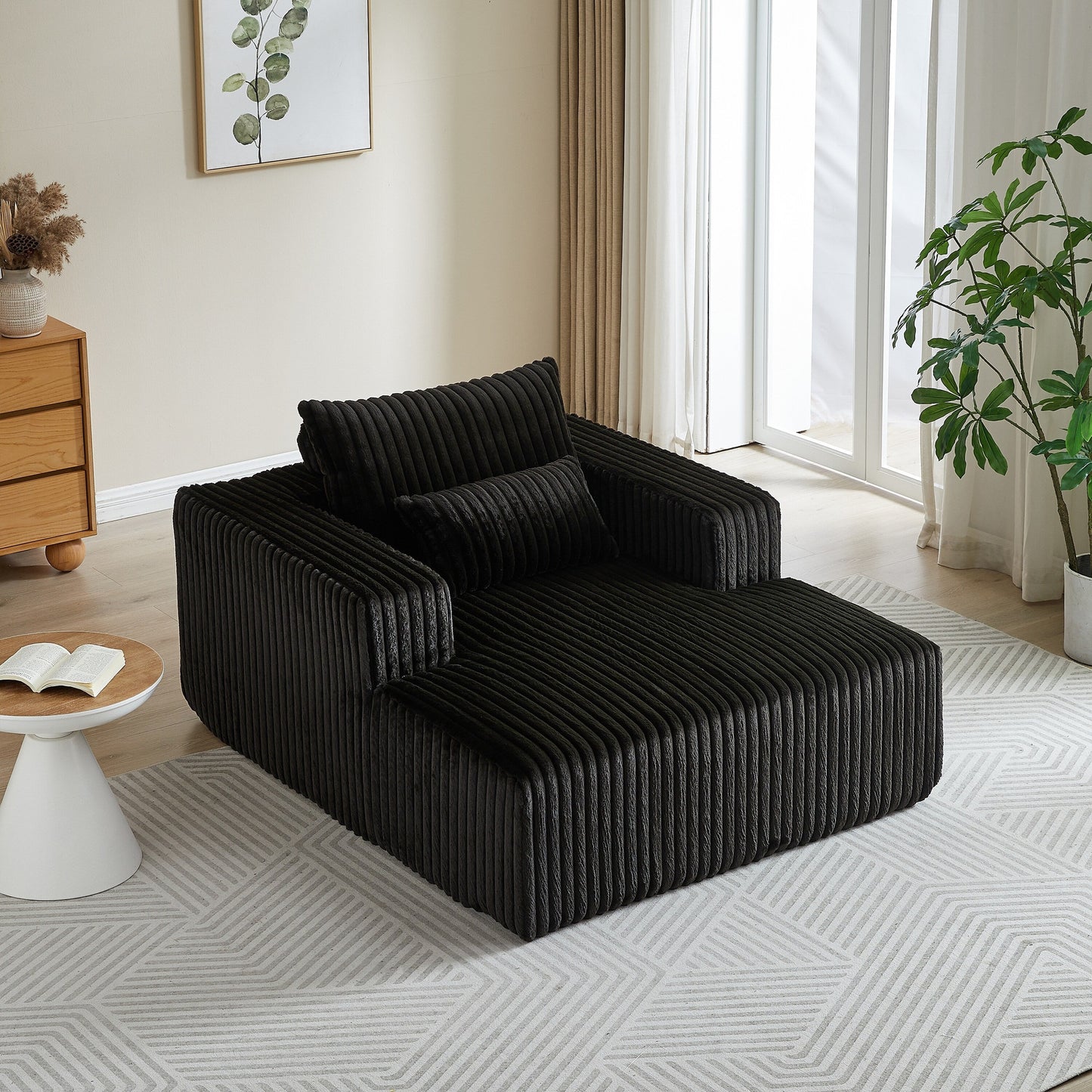 Poltrona lounge moderna in velluto a coste nero da 62,5 pollici con 2 cuscini per soggiorno