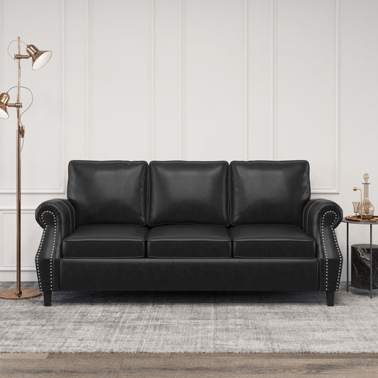 Divano moderno nero 80 in similpelle a 3 posti con gambe in legno di betulla e borchie per soggiorno
