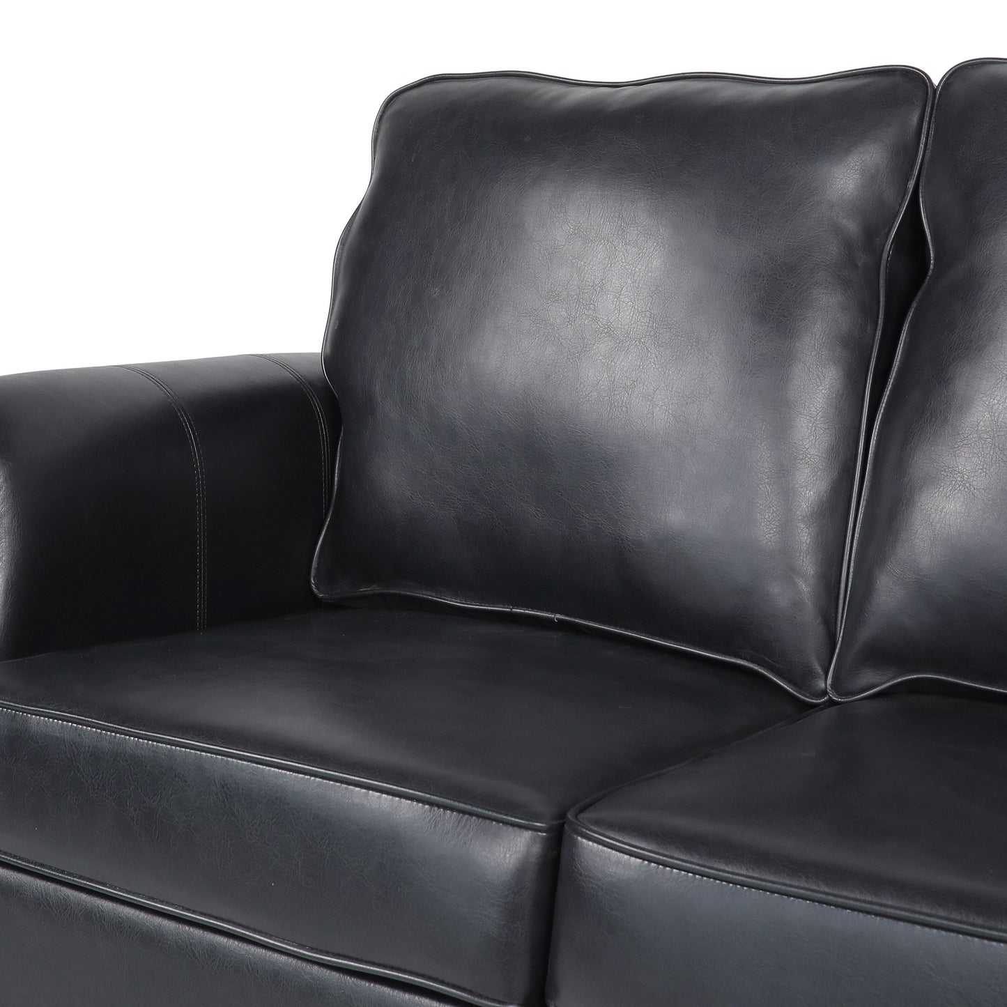 Divano moderno nero 80 in similpelle a 3 posti con gambe in legno di betulla e borchie per soggiorno