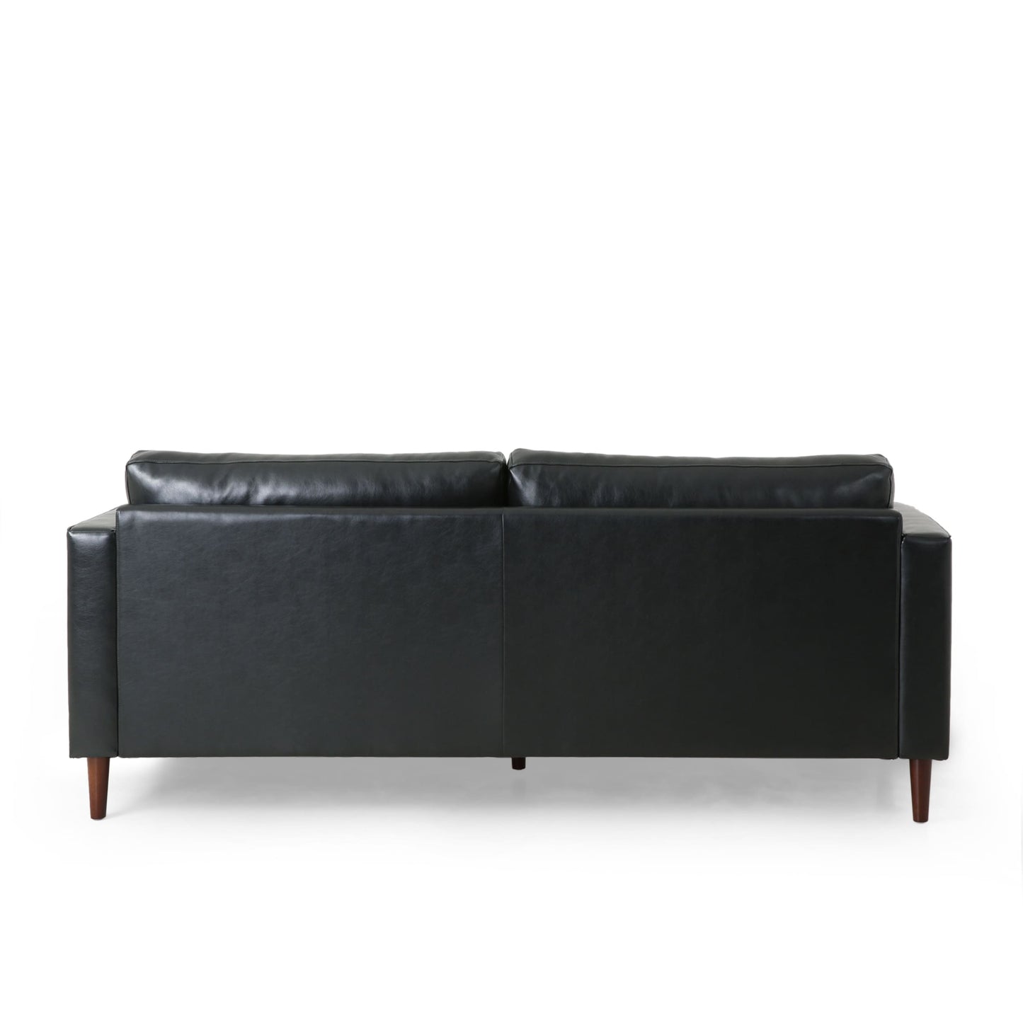 Divano moderno nero 82.25 in similpelle a 3 posti con gambe in legno per soggiorno