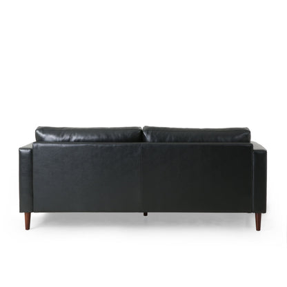 Divano moderno nero 82.25 in similpelle a 3 posti con gambe in legno per soggiorno
