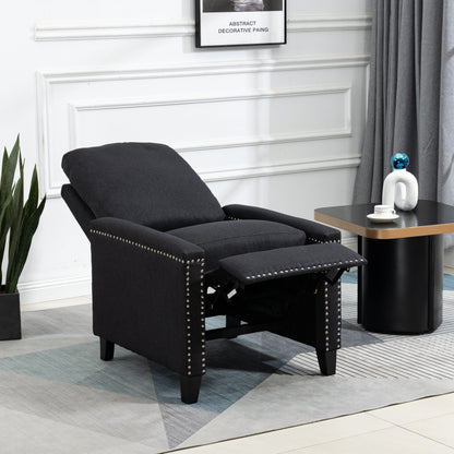Poltrona reclinabile manuale moderna rivestita in velluto nero con morbidi cuscini e poggiapiedi, decorazione con borchie