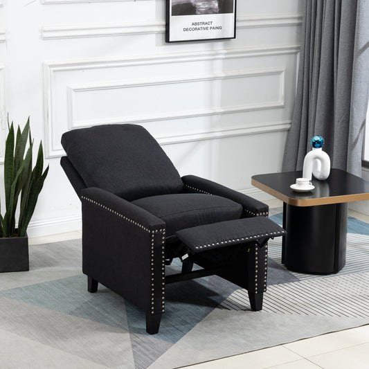 Poltrona reclinabile manuale moderna rivestita in velluto nero con morbidi cuscini e poggiapiedi, decorazione con borchie