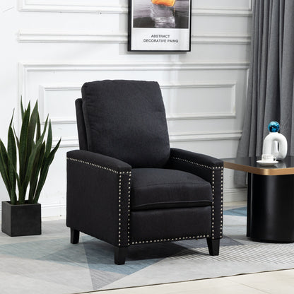 Poltrona reclinabile manuale moderna rivestita in velluto nero con morbidi cuscini e poggiapiedi, decorazione con borchie